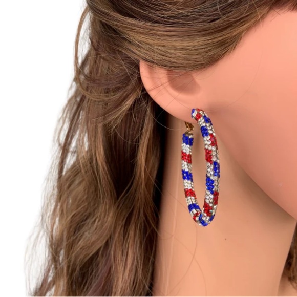 Glittering Large Patriotic Red White and Blue Rhinestone Hoop Earrings - Picture 2 of 2